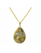 Pendentif Labradorite Grise Reflets Or Goutte 3 cm avec Chaîne Plaquée or 45 cm