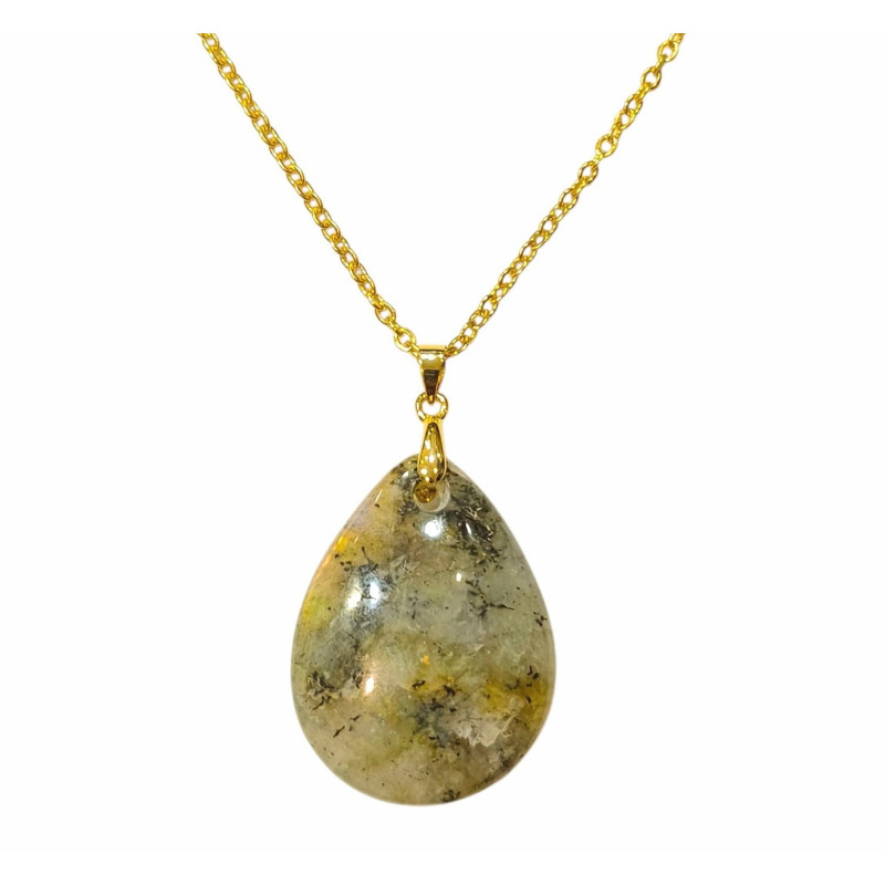 Pendentif Labradorite Grise Reflets Or Goutte 3 cm avec Chaîne Plaquée or 45 cm