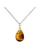 Pendentif Œil de Tigre Pierre Roulée Goutte 3cm avec Chaîne Acier Inox Plaqué or 45 + 6 cm
