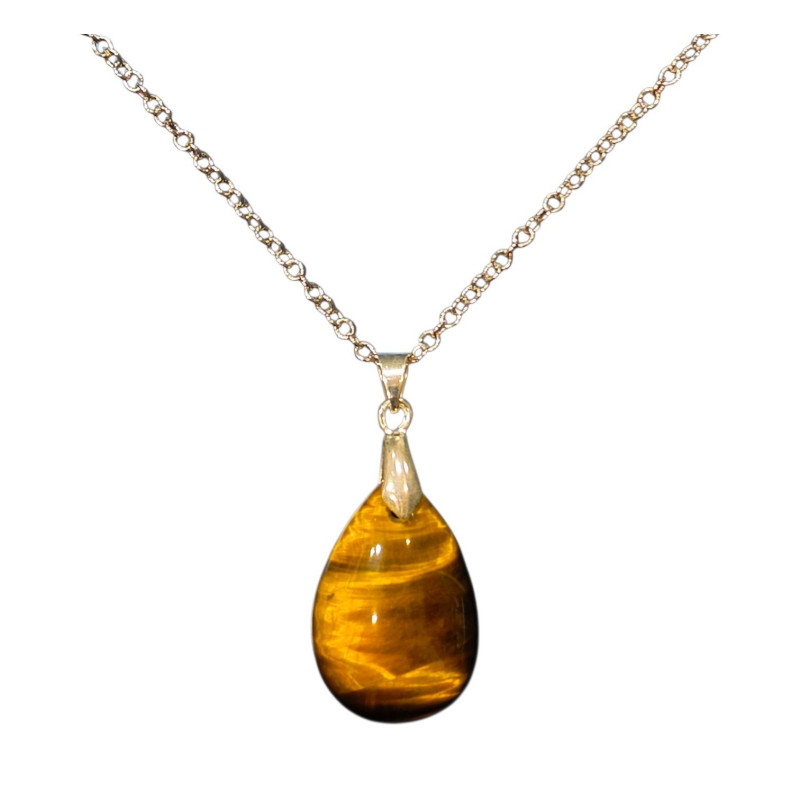 Pendentif Œil de Tigre Pierre Roulée Goutte 3cm avec Chaîne Acier Inox Plaqué or 45 + 6 cm