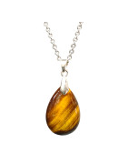 Pendentif Œil de Tigre Pierre Roulée Goutte 3cm avec Chaîne Acier Inox Plaqué or 45 + 6 cm