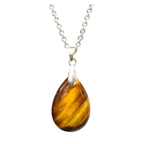 Pendentif Œil de Tigre Pierre Roulée Goutte 3cm avec Chaîne Acier Inox Plaqué or 45 + 6 cm