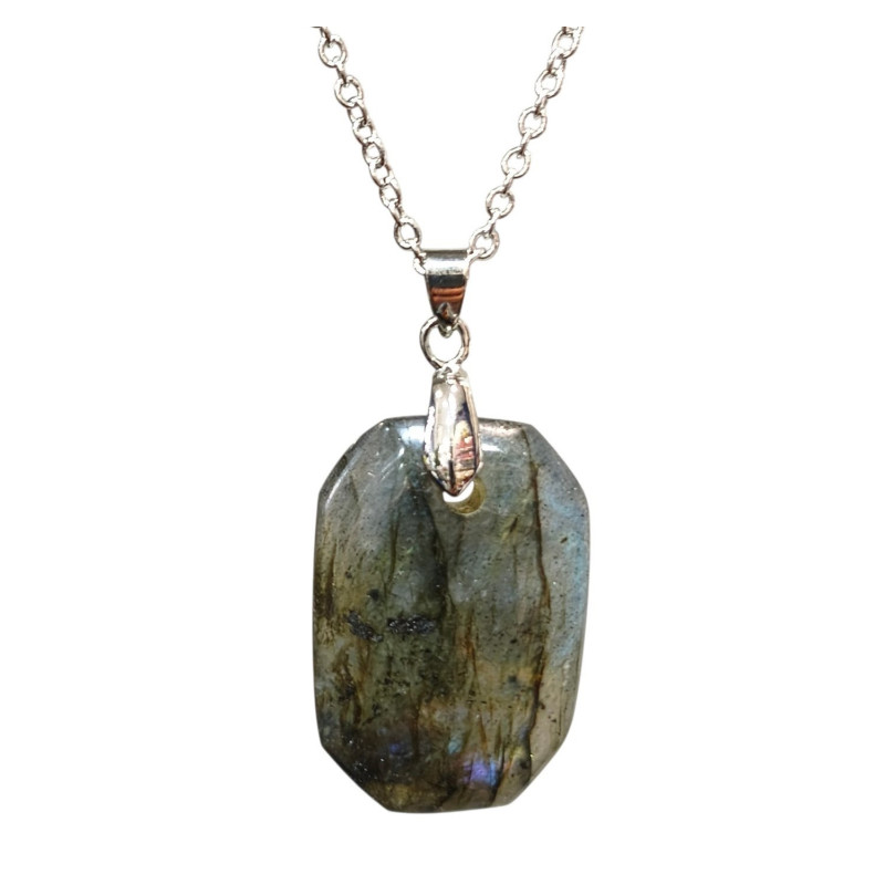 Pendentif Labradorite Rectangle 3 cm sur Chaîne Acier Inox 40 + 7 cm