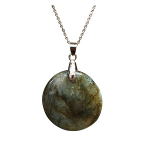 Pendentif Labradorite Rond Diamètre 3 cm sur Chaîne Acier Inox  36 + 6 cm