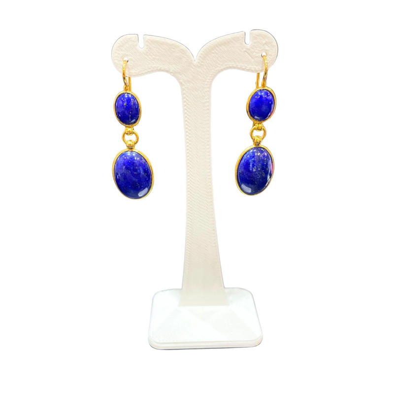 Boucles Lapis-Lazuli Cabochons Ovales 10 et 12mm Plaquée or Dormeuses