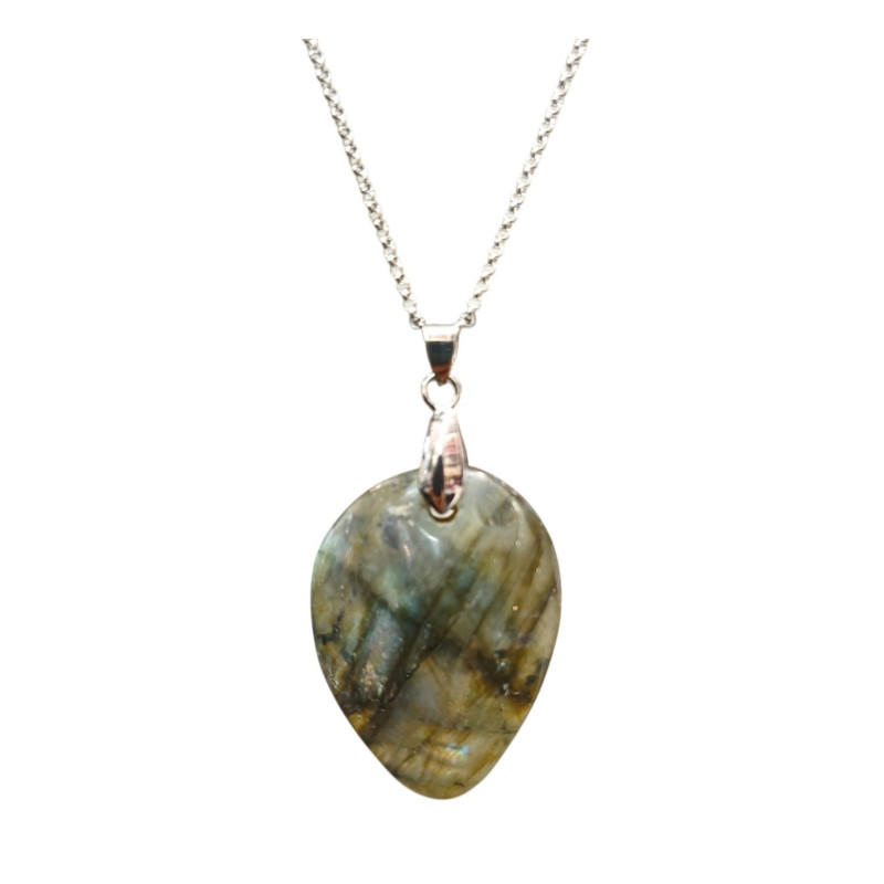 Pendentif Labradorite Amande avec Chaîne Acier Inox 42 + 7 cm