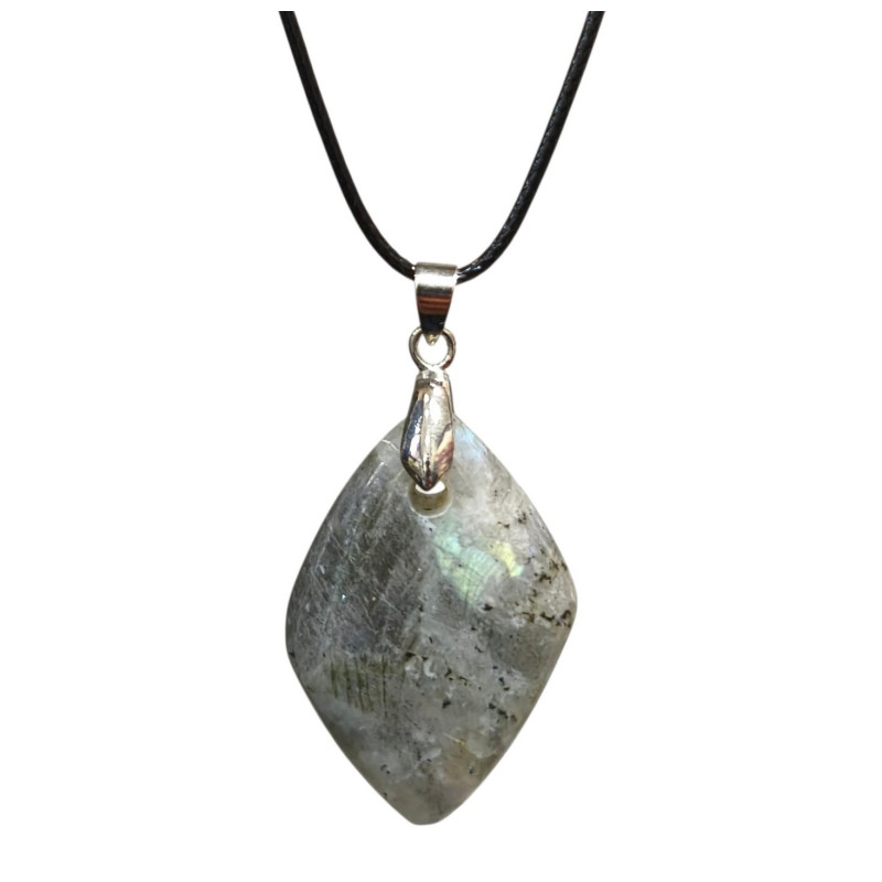 Pendentif Labradorite Grise Reflets Dorés Cuivrés Navette sur Cordon Simili Noir 44 + 5 cm