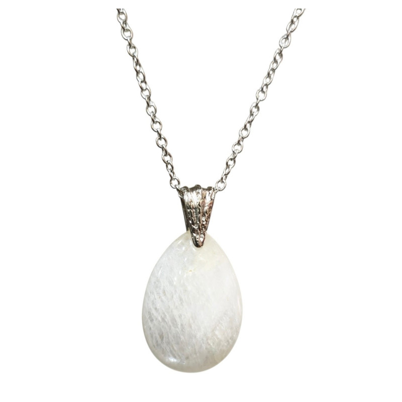 Pendentif Pierre de Lune Blanche Goutte 3 cm avec Chaîne Acier Inox 42 + 7 cm