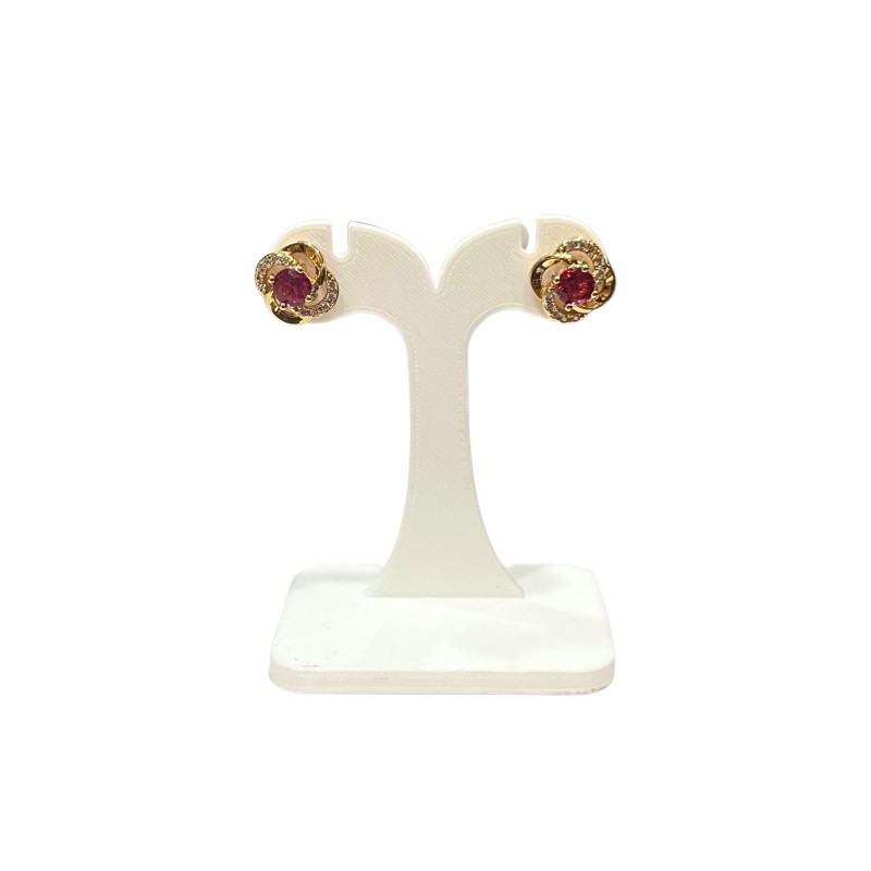 Boucles Rubis de Synthèse et Zirconium Fleur Plaquées Or