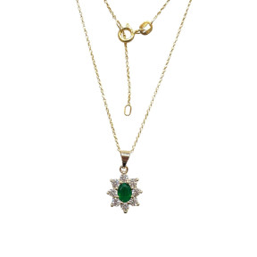 Pendentif Emeraude de Synthèse et Zirconium Fleur avec Chaîne 45cm Plaqué Or