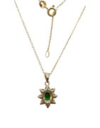 Pendentif Emeraude de Synthèse et Zirconium Fleur avec Chaîne 45cm Plaqué Or