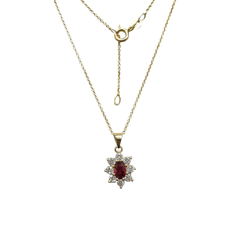 Pendentif Rubis de Synthèse et Zirconium Fleur avec Chaîne 45cm Plaqué Or
