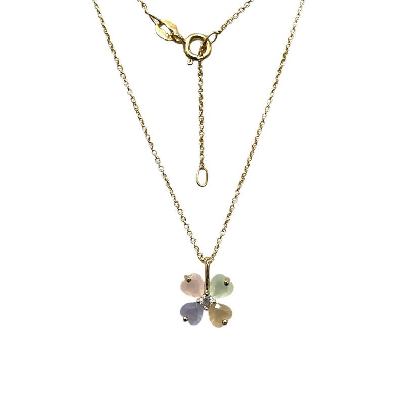 Pendentif Quartz Rose Calcédoine et Zirconium avec Chaîne 45cm Plaqué Or