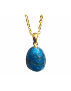 Pendentif Apatite Bleue avec Chaîne Acier Plaquée Or 44 cm