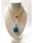 Pendentif Apatite Bleue avec Chaîne Acier Plaquée Or 44 cm
