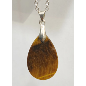 Pendentif Œil de Tigre Goutte Pierre Roulée 3 cm sur Chaîne Acier Inox 45 cm (1)