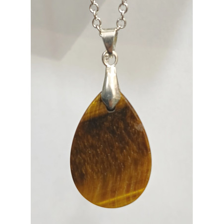 Pendentif Œil de Tigre Goutte Pierre Roulée 3 cm sur Chaîne Acier Inox 45 cm (1)
