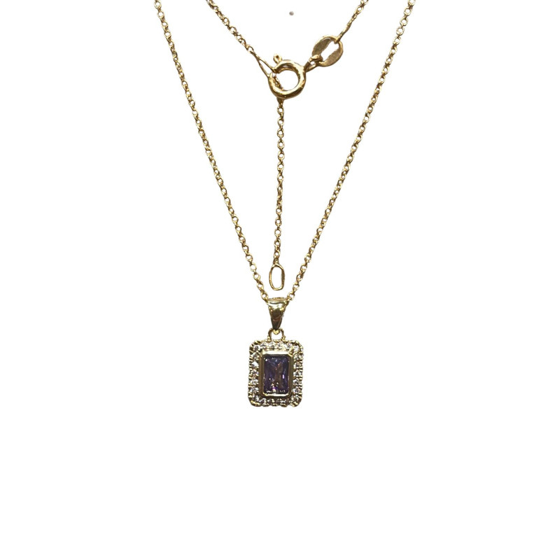 Pendentif Améthyste et Zirconium Rectangulaire avec Chaîne 45cm Plaqué Or