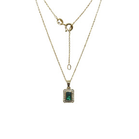 Pendentif Emeraude de Synthèse et Zirconium Rectangulaire avec Chaîne 45cm Plaqué Or