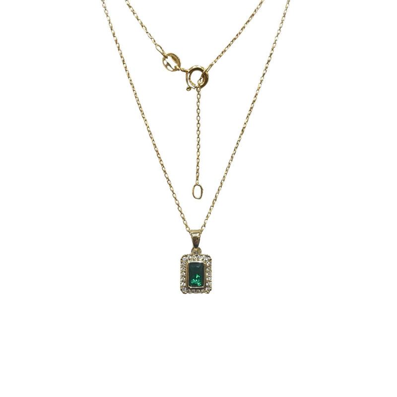 Pendentif Emeraude de Synthèse et Zirconium Rectangulaire avec Chaîne 45cm Plaqué Or