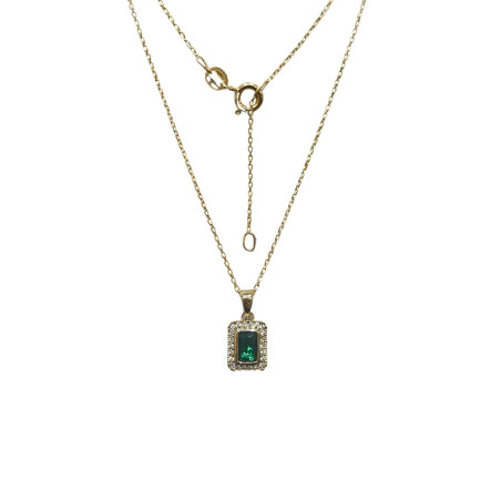 Pendentif Emeraude de Synthèse et Zirconium Rectangulaire avec Chaîne 45cm Plaqué Or