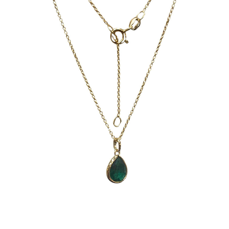 Pendentif Emeraude de Synthèse Goutte avec Chaîne 45cm Plaqué Or