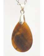 Pendentif Œil de Tigre Goutte Pierre Roulée 3 cm sur Chaîne Acier Inox 45 cm (1)