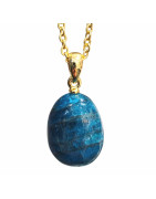 Pendentif Apatite Bleue avec Chaîne Acier Plaquée Or 44 cm