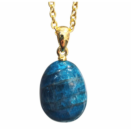 Pendentif Apatite Bleue avec Chaîne Acier Plaquée Or 44 cm
