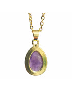 Pendentif Améthyste Sertie sur Chaîne Acier Plaquée or 44 cm