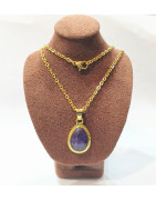 Pendentif Améthyste Sertie sur Chaîne Acier Plaquée or 44 cm