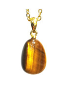 Pendentif Œil de Tigre Pierre Roulée 2 cm avec Chaîne Plaquée Or 45 cm