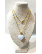 Pendentif Calcédoine Cœur sur Chaîne Acier Plaquée Or 44 cm
