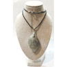 Pendentif Labradorite Grise Reflets Dorés Cuivrés Navette sur Cordon Simili Noir 44 + 5 cm
