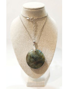 Pendentif Labradorite Rond Diamètre 3 cm sur Chaîne Acier Inox  36 + 6 cm