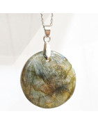 Pendentif Labradorite Rond Diamètre 3 cm sur Chaîne Acier Inox  36 + 6 cm