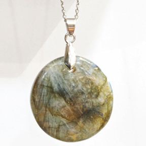 Pendentif Labradorite Rond Diamètre 3 cm sur Chaîne Acier Inox  36 + 6 cm