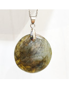 Pendentif Labradorite Rond Diamètre 3 cm sur Chaîne Acier Inox  36 + 6 cm
