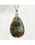 Pendentif Labradorite Goutte 5 cm avec Chaîne Acier Inox 44 + 7 cm