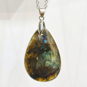 Pendentif Labradorite Goutte 5 cm avec Chaîne Acier Inox 44 + 7 cm