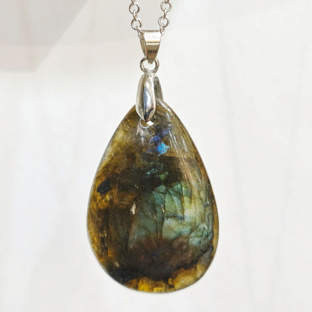 Pendentif Labradorite Goutte 5 cm avec Chaîne Acier Inox 44 + 7 cm
