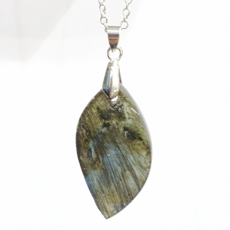 Pendentif Labradorite Pierre Roulée 4 cm " Plume" sur Chaîne Acier Inox  40 + 6 cm