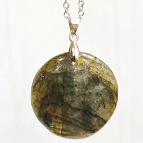 Pendentif Labradorite Pierre Roulée Ronde Diamètre 3 cm sur Chaîne Acier Inox 42 + 6 cm