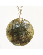 Pendentif Labradorite Pierre Roulée Ronde Diamètre 3 cm sur Chaîne Acier Inox 42 + 6 cm
