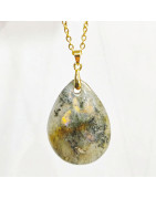 Pendentif Labradorite Grise Reflets Or Goutte 3 cm avec Chaîne Plaquée or 45 cm