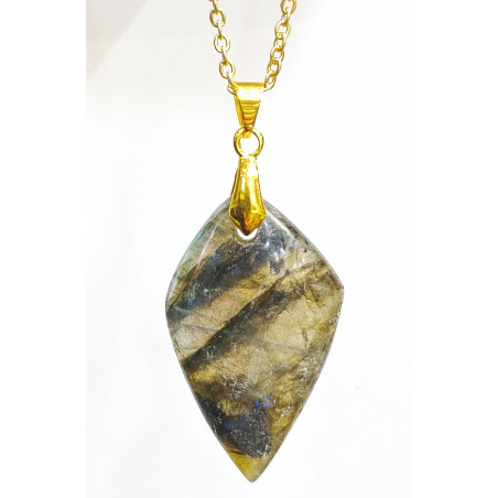 Pendentif Labradorite Pointe de Silex 4 cm avec Chaîne Plaquée Or 45 cm