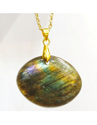 Pendentif Labradorite Pierre Roulée "Ballon de Rugby" avec Chaîne Plaquée or 45 cm