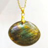 Pendentif Labradorite Pierre Roulée "Ballon de Rugby" avec Chaîne Plaquée or 45 cm