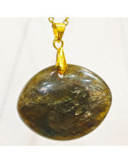 Pendentif Labradorite Pierre Roulée "Ballon de Rugby" avec Chaîne Plaquée or 45 cm