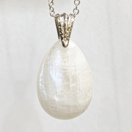 Pendentif Pierre de Lune Blanche Goutte 3 cm avec Chaîne Acier Inox 42 + 7 cm